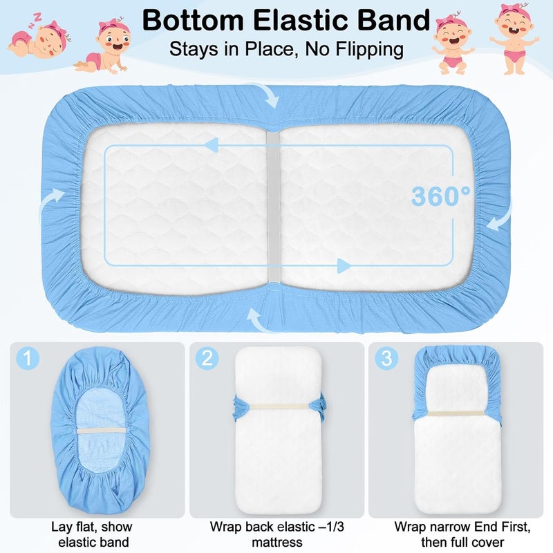 BeBeJoJo Baby Bassinet Sheets TPU Waterproof 2 Pack Soft Muslin Bedside Bassinet Mattress Sheets with Bottom Elastic Band for Baby Boy Girls Unisex Fit Hourglass Oval and Rectangle, Blue - Image 4